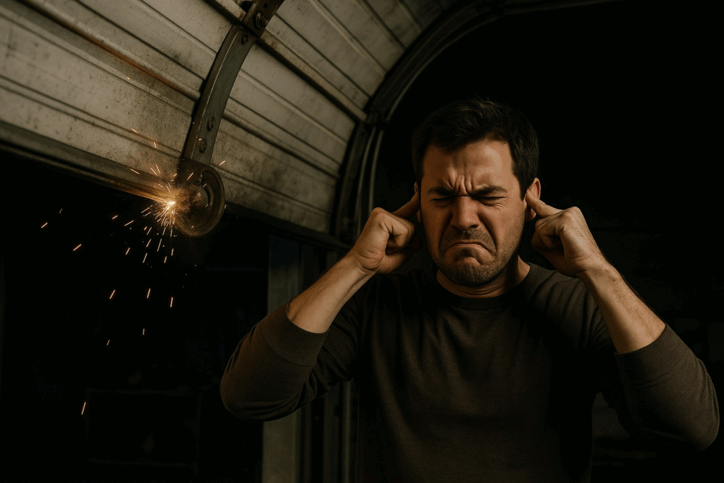 Man covering ears from sparks and loud noise caused by broken garage door roller, showing need for garage door repair.