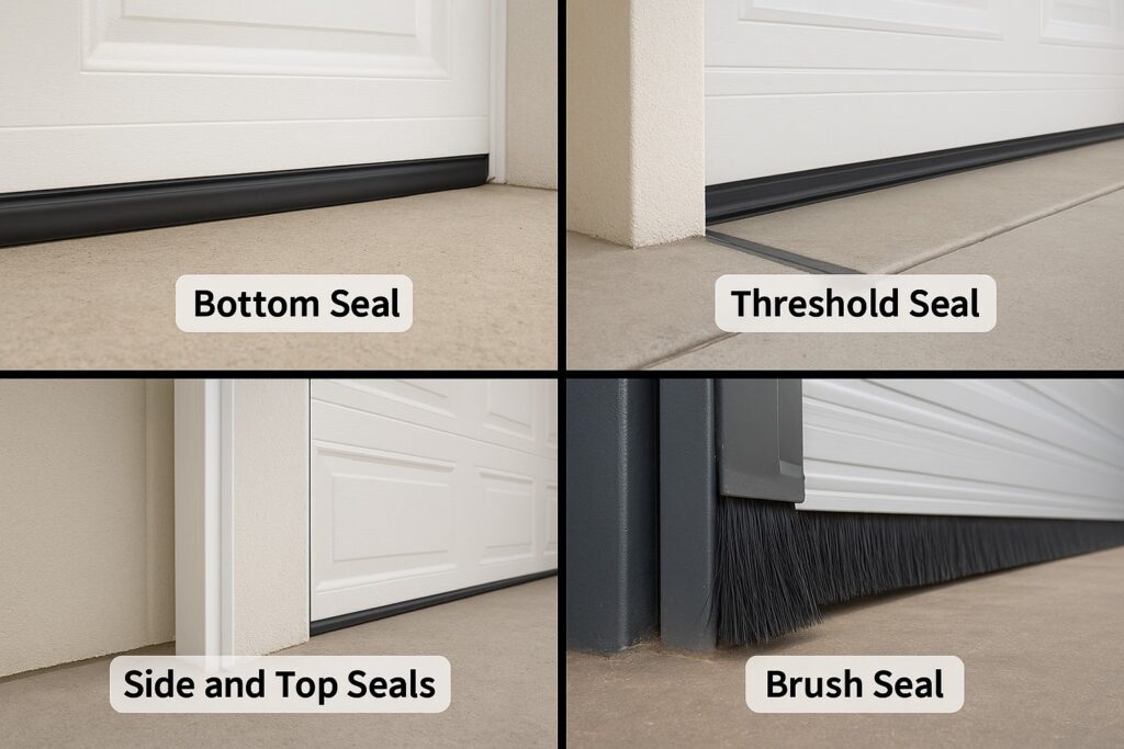 Garage door weather stripping types including bottom seal, threshold seal, side and top seals, and brush seal.