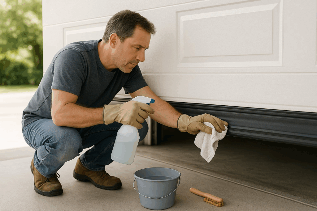 Homeowner cleaning garage door weather stripping during routine maintenance.