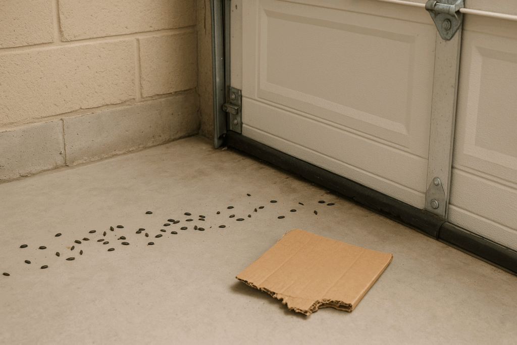 Rodent droppings inside garage showing need to repair garage door seal.