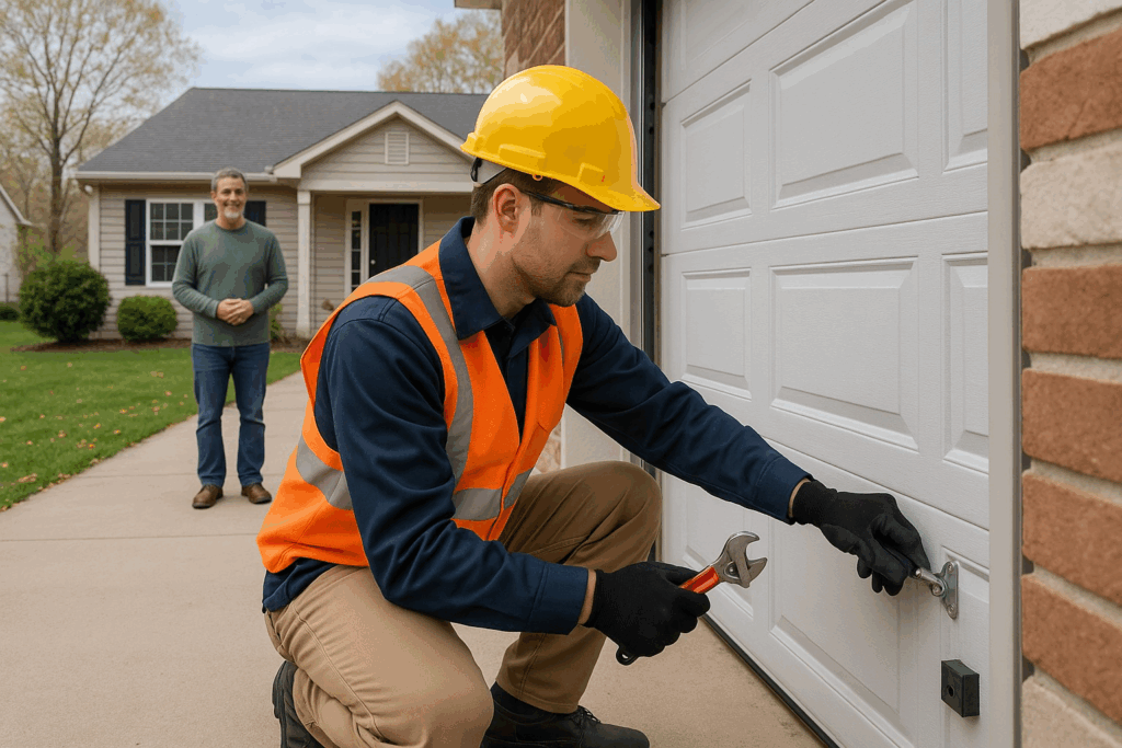 Technician using tools to repair garage door while homeowner looks on.