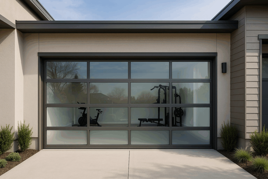 Home gym equipment visible through sleek glass panel modern garage doors.