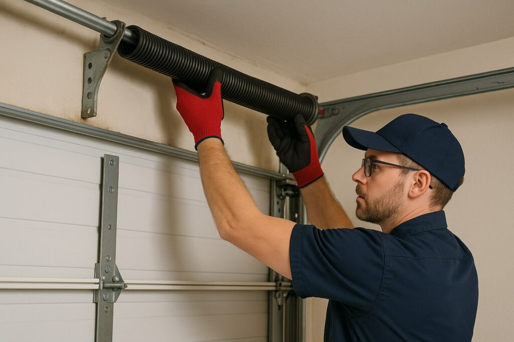 Technician performing garage door maintenance by inspecting and adjusting torsion spring for safe and balanced operation.