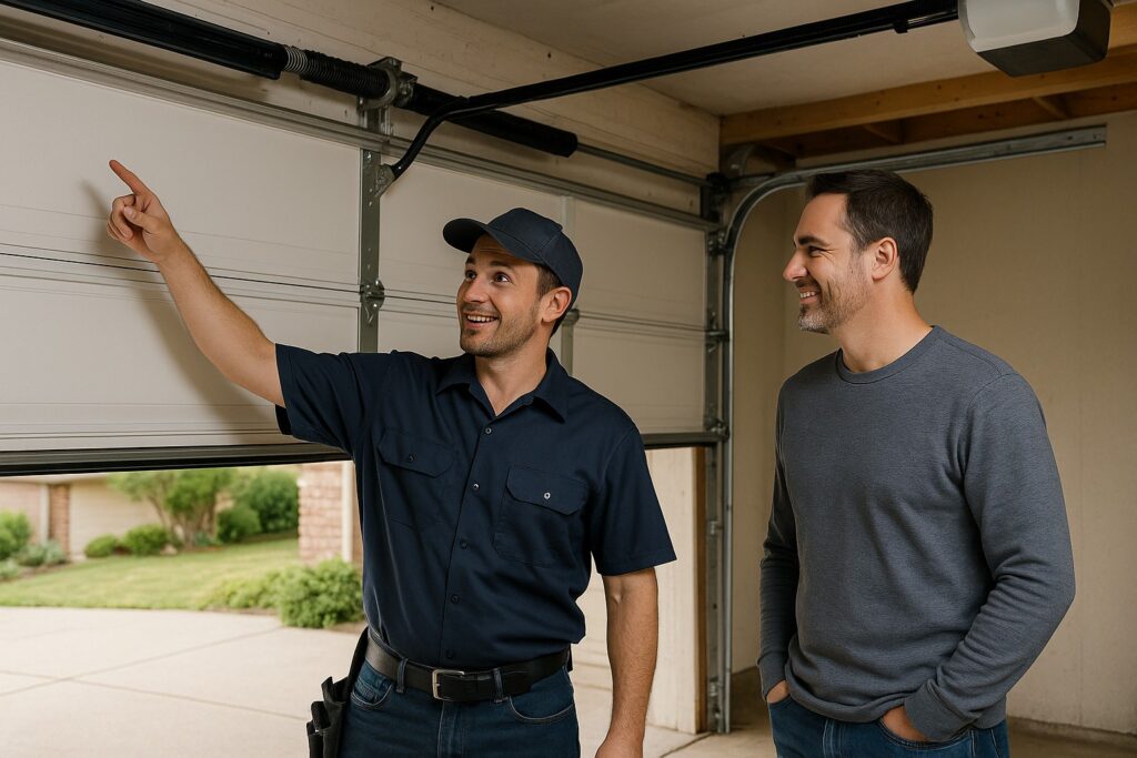 Garage door repair technician explaining maintenance options to a homeowner beside an open garage door.