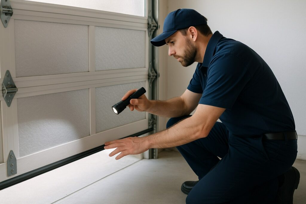Technician inspecting the bottom seal with a flashlight during a garage door tune-up to detect gaps, wear, or alignment issues.