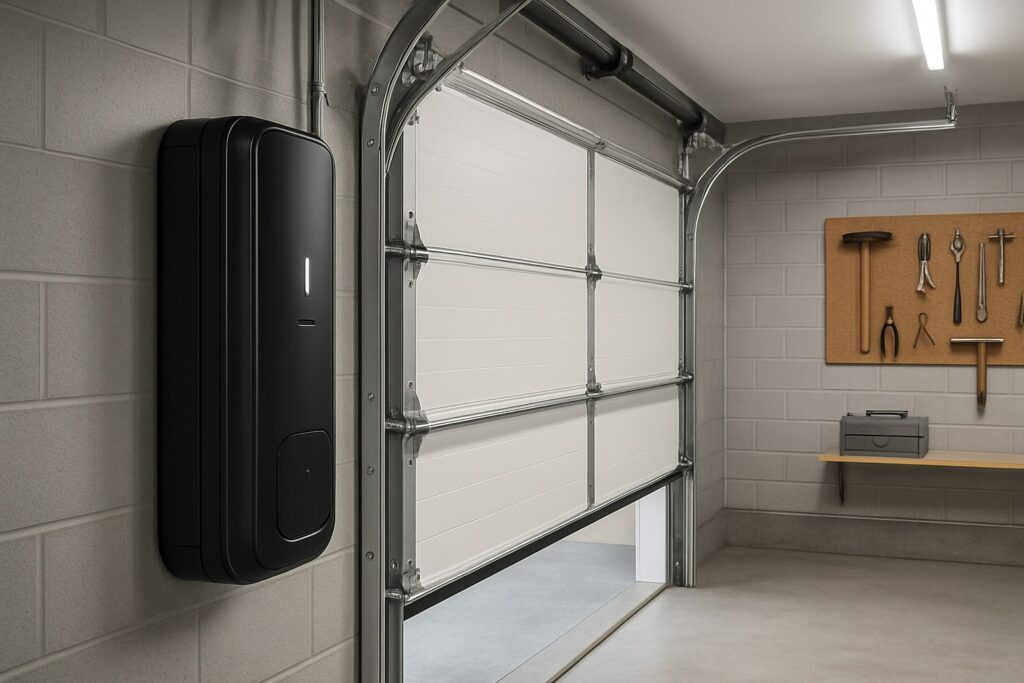 Modern wall-mounted unit shown after professional garage door opener repair in a clean residential garage.