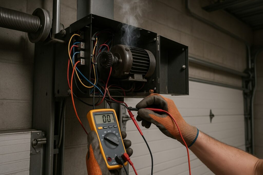 Technician testing wiring and motor during garage door opener repair using a multimeter in workshop.